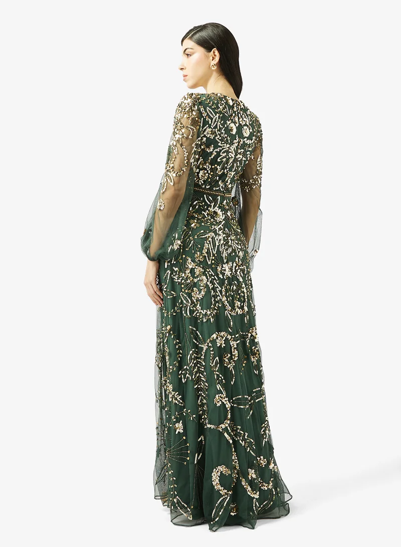 Frock and Frill Embellished Puff Sleeve Maxi Dress